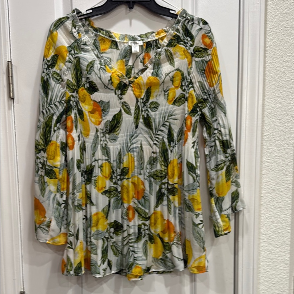 Spense White Lemon Print Peasant Blouse with Green Leaves